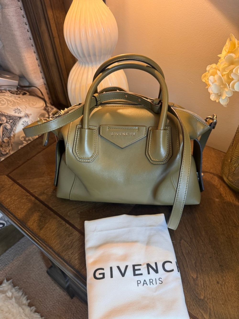 Givenchy Antigona Soft Small Leather Satchel in Olive Green
